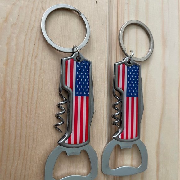Set of 2 Stainless Steel USA Flag Can Opener Keychain Souvenirs Small Gifts - Picture 3 of 3